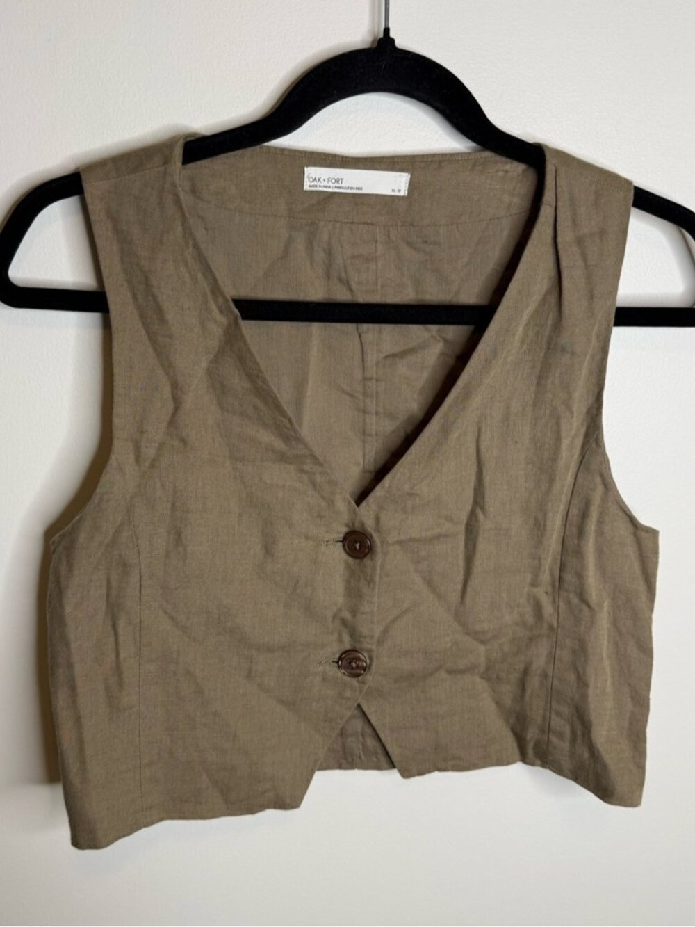 OAK + FORT Tan Linen-Blend Cropped Button Vest size xs